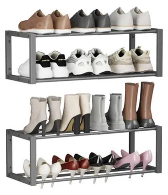 Productafbeelding van Hangende schoenorganizer, 2 stuks, wandmontage, metaal, grijs, voor 12 paar schoenen, ruimtebesparend