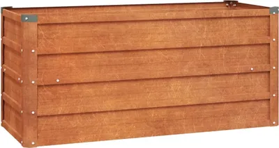 A wooden planter box with metal corner reinforcements.