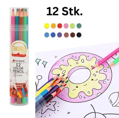 Pensing 12-color erasable pencil set in a clear tube next to a partially colored donut drawing
