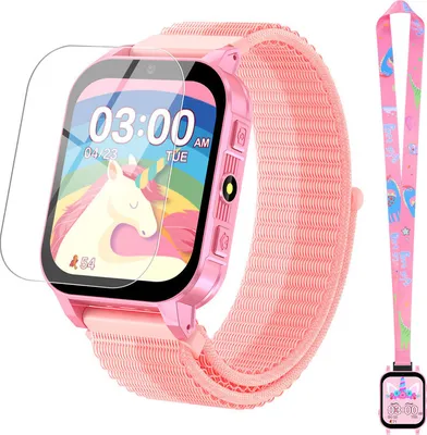 Image de （Pink）Enfants Smartwatch - Cadeau pour les 4 à 12 ans, protection d'écran incluse, 30 jeux, 140 cartes d'apprentissage, écran tactile HD, appareil photo, musique, podomètre - Cadeau d'anniversaire amusant & éducatif
