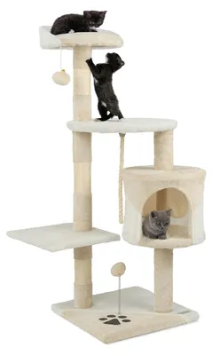 Productafbeelding van Kartonnen kraboom voor katten, 112 cm hoog, met hol, sisal touw, pluchen ballen en wandbevestiging. Compacte klimboom, beige/wit