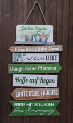 Produktbild von Dekoratives Schild Gartenregeln Holz /MDF a. Kordel Geschenk 61 cm