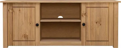 A front view of a wooden TV cabinet with two doors and an open central shelf.