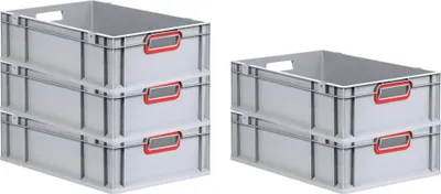 Produktbild von SuperSparSet 5x Eurobox NextGen Color | HxBxT 17x40x60cm | 34 Liter | Griffe rot offen | Glatter Boden | Grau | Eurobehälter, Transportbox, Transportbehälter, Stapelbehälter