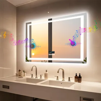 A modern bathroom vanity with a large LED mirror, featuring illuminated musical notes and sound waves.