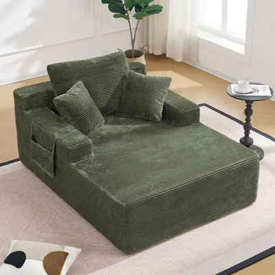 Produktbild von MODFU Chaiselongue mit schlaffunktion,Ecksofa mit Rücken und zwei Kissen,Cordsofa,Armlehnen mit Seitentaschen,Grün