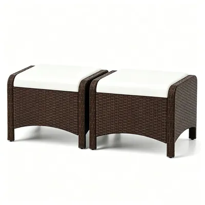 Immagine prodotto di KOMFOTTEU, 2 poggiapiedi, sgabello in rattan con cuscini removibili, ideale per l'esterno, resistente alle intemperie, per terrazza, balcone, giardino, dimensioni 54 x 46 x 39,5 cm (bianco)