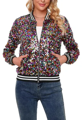 Produktbild von YYPBI Damen Pailletten Jacke Bomberjacke langärmelig glitzernder Bomber Jacke Me