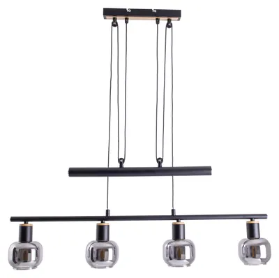 Produktbild von Pendelleuchte - 4er Pendelbalkenleuchte "FUMOSO" L: 78cm, Hängelampe im Retro Style, ausMetall und Glas in schwarz, 160 cm hoch, Maße 78 x 10 cm, E14-Fassung