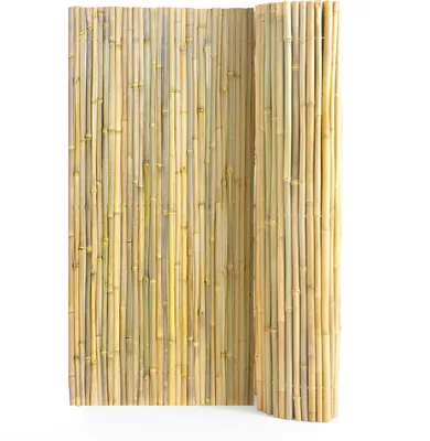 A rolled-up bamboo fence on a white background.