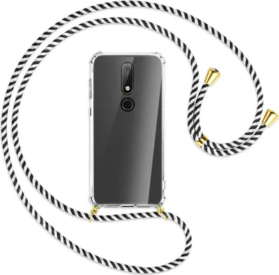 Produktbild von Handykette Backcover-Schutzhülle mit Band (Metall goldfarben) für Nokia 6.1 Plus / X6 - schwarz/weiß gestreift