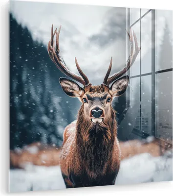 Produktbild von MuchoWow Glasbilder - Bilder auf Wandbild - Foto auf Glas Hirsche - Tiere - Landschaft - Winter - Schnee 90x90 cm Wanddekoration aus Glas - Acrylglasbild - Acrylbilder - Wandschmuck - Bilder