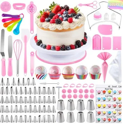 Produktbild von Unyqoos® 305-teiliges Tortendekorationsset mit Drehteller – 304 Edelstahl & Silikon, Spritztüllen, Spritzbeutel, Spatel für Kuchen & Cupcakes, ideal für Anfänger
