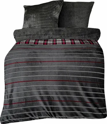 Produktbild von Teddy Plüsch Bettwäsche 155x220 cm Winter Cashmere Touch Flauschig schwarz grau brombeer gestreift 2 teilig
