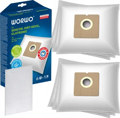 A product box and several vacuum cleaner bags are displayed.