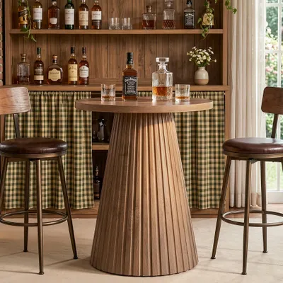 Produktbild von Runder Stehtisch mit geriffeltem Fuß, 90 cm hoch, Bistro-Tisch für Küche, Wohnzimmer, kleine Räume, Frühstücksecke, braun (nur Tisch)