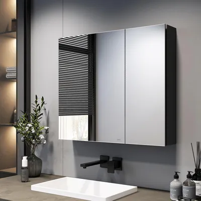 Produktbild von EMKE Spiegelschrank Bad 75x65cm, Rostfreier Aluminium Badezimmerschrank mit 2 Türen, Wandmontage Horizontal, Soft-Close Scharniere, Schwarz