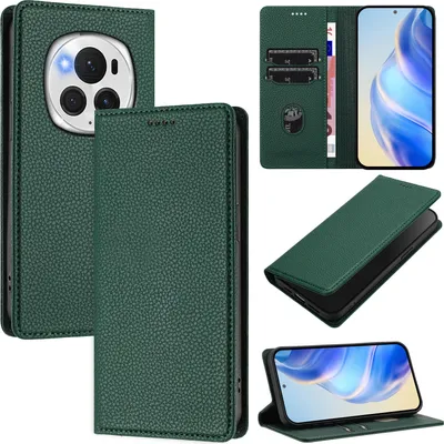 Image de Etui en cuir pour Honor Magic6 Pro, cuir Litschi, étui portefeuille avec fentes pour cartes et support Vert