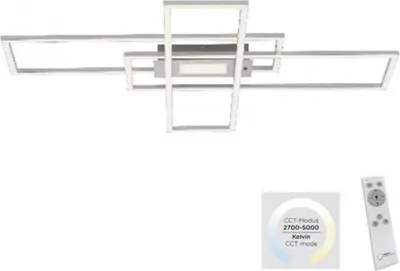 A modern LED ceiling light with a geometric design, shown with a remote control and a color temperature indicator.