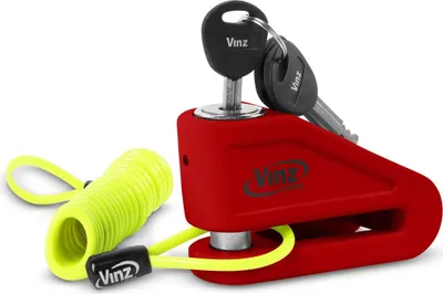 Produktbild von VINZ Baretti Bremsscheibenschloss ART4 | Schloss für Motorrad Roller Moped Scooter für Bremsscheiben mit Errinerungskabel | Scheibenschloss mit 3 Schlüssel | Rot