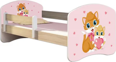 A child's bed with a pink headboard featuring cartoon cats and hearts.