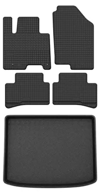 Image de Tapis en caoutchouc + bac de coffre pour Kia Sportage V 2021- (SUV, plancher bas, hybride) – 5 pièces, noirs, sur mesure