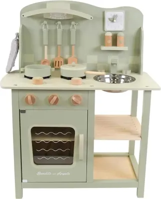 Produktbild von Bandits & Angels Holz-Kinderküche Chef Deluxe Grün ab 2 Jahren für Jungen und Mädchen – Thekenhöhe 46 cm – inkl. 8 Zubehörteile – Kinderküche Grün – Küche aus Holz