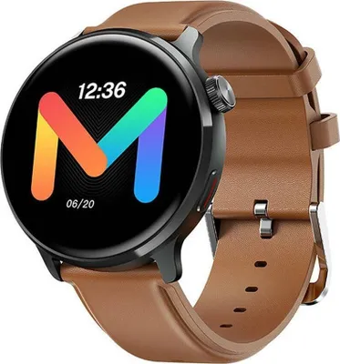 A smartwatch with a brown leather strap is shown against a white background. The watch face displays the time, date, and a colorful 'M' logo.