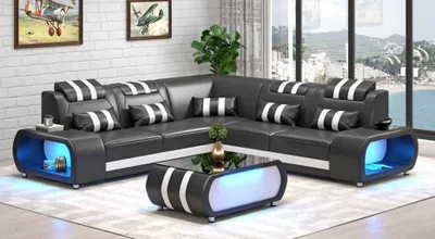 Produktbild von Ecksofa Ledersofa L Form Couch Sofa Schwarz Luxus Moderne Eckgarnitur LED