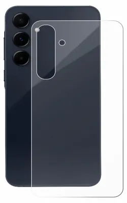 A clear screen protector is shown on top of a dark-colored smartphone's back camera module.