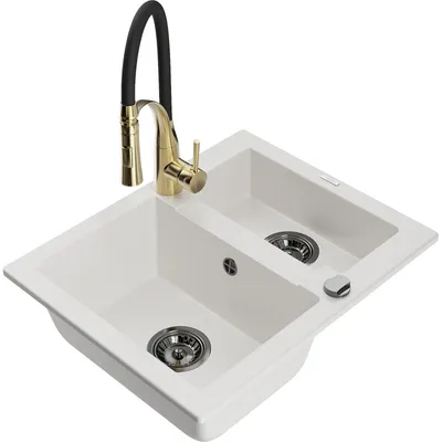 Obrázek produktu pro Mexen Carlos 1-miskový granitový dřez s kuchyňskou baterií Aster, Bílá - 6518-20-73450-57-B
