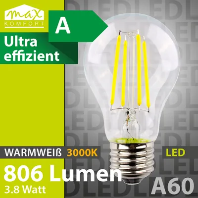 Produktbild von LED E27 Glühbirne Filament – 3,8W ersetzt 60W, , 806 Lumen, Warmweiß (3000K), 50.000h Lebensdauer Leuchtmittel 360° Lampe