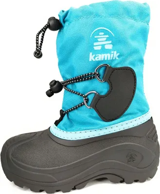 A single blue and gray Kamik snow boot is shown against a white background.
