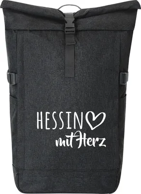 Produktbild von Huuraa Kurierrucksack Hessin mit Herz 30-44 Liter Black Melange Fairtrade Rolltop Rucksack Geschenkidee