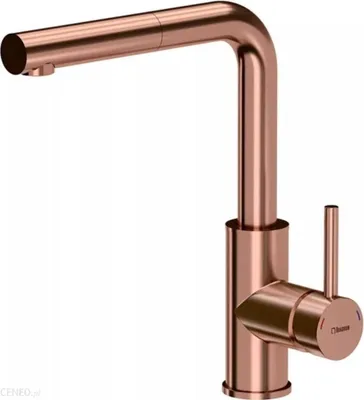A rose gold kitchen faucet against a white background.