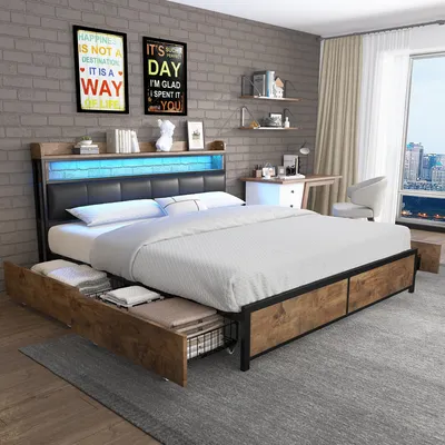 Produktbild von Flieks Doppelbett Metallbett 160x200cm mit Lattenrost, Jugendbett mit Led und Regal, Stauraumbett mit 4 Schubladen, PU, Schwarz