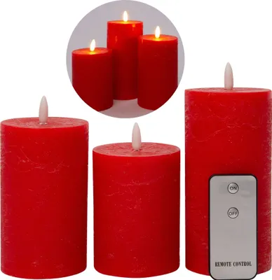 Produktbild von 3er Set Led Kerzen 7,5cm ø Kerze flackernde Flamme mit Fernbedingung ROT 15 cm + 12,5 cm + 10 cm Höhe, LED Kerzen mit Timerfunktion, 3 AAA Batterien nötig, LED Echtwachs Stumpenkerzen warmweiß