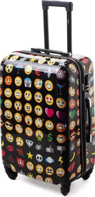 A black suitcase covered in various emoji and icons.