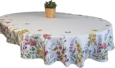 Produktbild von Ovale weiße Tischdecke mit bunten Blumen, 110/160, fleckenabweisend, eiförmige Tischdecke