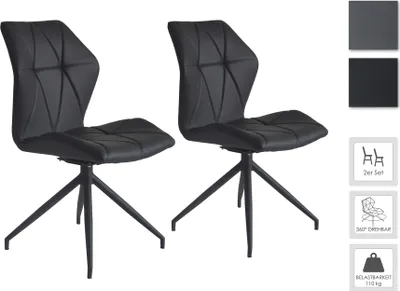 Two black dining chairs with diamond stitching on a white background, accompanied by color swatches and feature icons.