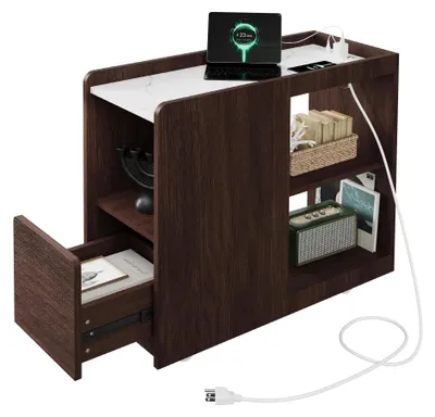 Produktbild von Schmaler Beistelltisch - Sofatisch mit Ladestation - Schublade - Ablagefächer - Rollbar - Für Wohnzimmer und Schlafzimmer - Walnuss