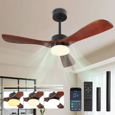 Obrázek produktu pro Stropní ventilátor o průměru 106 cm s osvětlením, 3 dřevěnými lopatkami, reverzibilním stejnosměrným motorem, 3 nastavitelnými teplotami barev, 6 rychlostními stupni, ovládáním přes aplikaci a dálkovým ovladačem