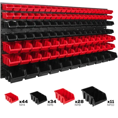 A wall-mounted storage system with multiple red and black bins, shown with individual bins and their quantities labeled below.