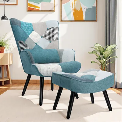 Image de Fauteuil Patchwork Scandinave avec Repose-Pieds Support Lombaire Bois Massif, Tissu Lin et Design Ergonomique, pour Salon, Chambre ou Balcon, Bleu