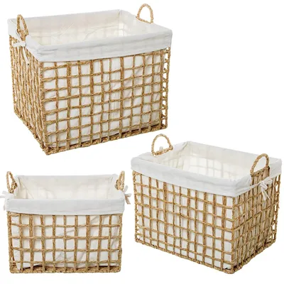 3 Papierkorb-Körbe, Natur/Weiß, 44x35x35 + 40x30x30 + 36x25x25 cm