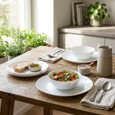 Produktbild von PRIMA DECO OPALEX Classic Tafelservice 18-teilig für 6 Personen – Weißes Hartglas Geschirrset, KI-generiertes Bild