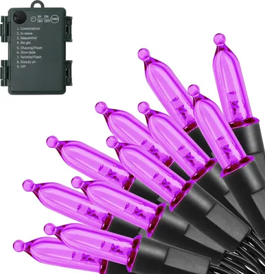 A close-up of purple LED string lights with a battery pack control box.