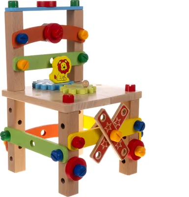 A wooden toy workbench with colorful nuts, bolts, and gears.