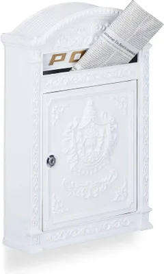 Immagine prodotto di Vecchia cassetta postale, cassetta postale da muro in stile inglese, alluminio pressofuso, fessura per lettere formato DIN A4, dimensioni: 44,5 x 31 x 9,5 cm, bianco