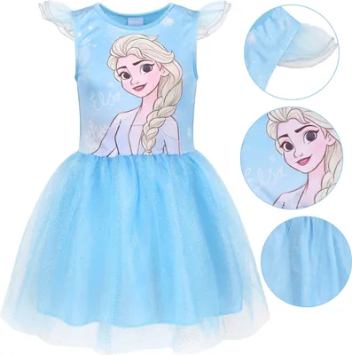 Produktbild von Frozen Elsa Blaues Kleid mit Tüll und kurzen Ärmeln, Mädchenkleid 128-134